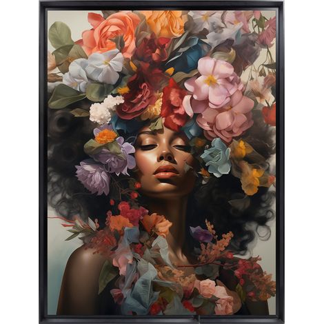 Tableau mural encadré portrait femme fleurs bohème 60x80 cm - Tableau Mural Décoratif - Image Encadrée Imprimée en HD - Impression 60x80 cm sur Fibres de Bois FSC - Finition Mate - Fabriqué en France (1/5)