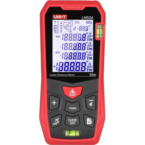 Télémètre laser UNI-T LM50A 50 m, 2 niveaux à bulle, écran LCD rétroéclairé, mode Pythagore, mesure distance surface volume, fonction silencieuse, 99 groupes mémoire, sac de transport (1/4)