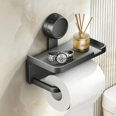 Porte-papier toilette mural multifonctionnel à ventouse, réutilisable et sans perçage (noir). (1/5)