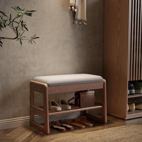 Banc à Chaussures Rembourré, Banc de Rangement en Bois Massif, Rangement Caché, Étagère à Chaussures à 2 Niveaux, Meuble d'Entrée, Coussin d’Assise en Coton et Lin, 30 x 60 x 40 cm, Noyer (1/5)