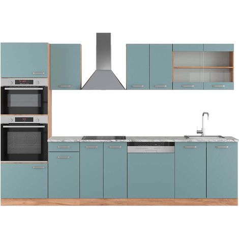 Mueble de cocina R-Line, Roble azul-gris-dorado, 300 cm con armario alto, ET Mármol, Vicco