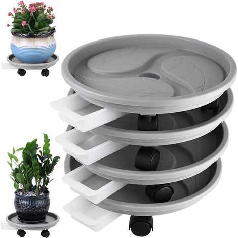 Ensemble de 4 plateaux pour pots de fleurs avec roulettes, réservoir d'eau, grande capacité de charge, 33 cm (13 pouces)