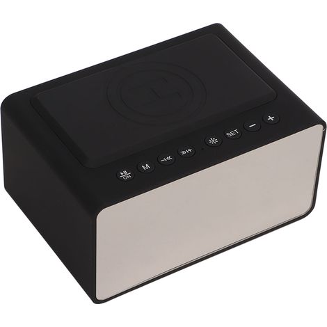 Enceinte Bluetooth à chargement sans fil avec miroir numérique LED, radio-réveil électronique FM et emplacement pour carte TF. (1/5)