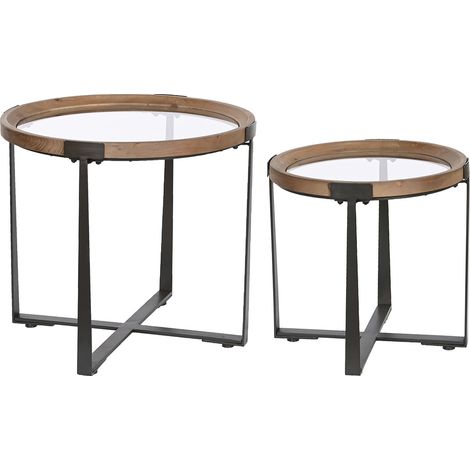 Lot de 2 tables d'appoints rondes en bois de sapin marron et fer noir (1/5)