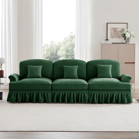 3-Sitzer-Sofa im mittelalterlichen Stil, Chenille-Stoff, kegelförmige Armlehnen, bequemes Sofa für das Wohnzimmer, 272x83,5x93 cm – Elegantes und modernes Sofa – Grün