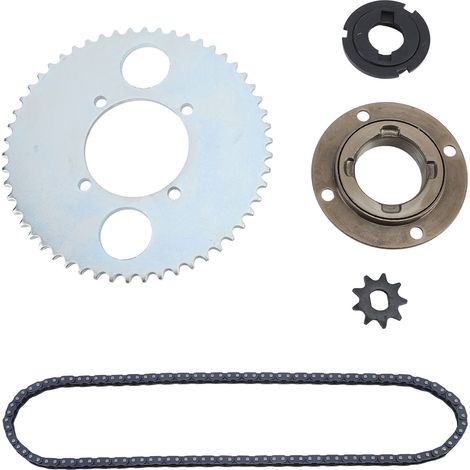 Kit chaîne T8F en acier, 116 maillons, roue libre sans dents, connecteur de plateau 54T, pignon 9T, kit de montage pour vélo/scooter à monter soi-même (1/5)