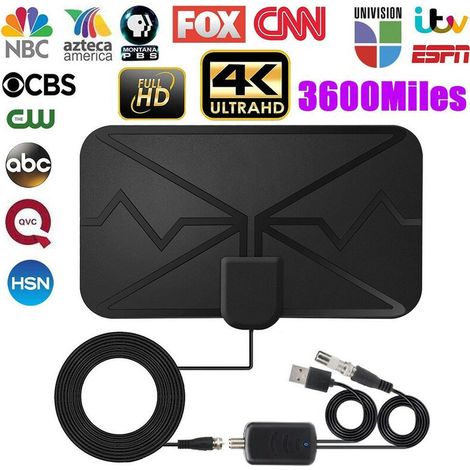 Antenne TV intérieure numérique 3600 Mile 4K, antenne TV numérique DVB-T HD pour plus de chaînes, noir