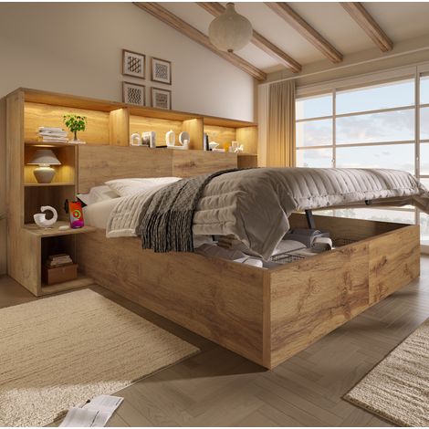 MODFU – Letto contenitore 160x200 cm effetto rovere con LED, porte USB-C, comodini integrati e sollevamento idraulico, carico 300 kg – Rovere (1/5)