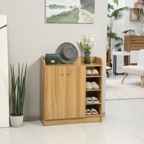 Meuble Pratique de rangement à chaussures pour entrée avec 4 compartiments ouverts et placard double porte - étagère réglable HaMi