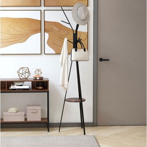 Attaccapanni da terra in metallo e legno marrone con 8 ganci, 45 x 45 x 180 cm, con ripiano e struttura a treppiede (1/5)