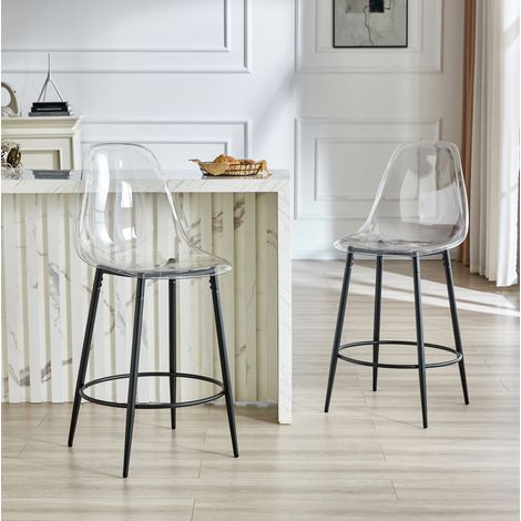 Pack de 2 taburetes de bar transparentes con patas de metal negro, asiento 66 cm, OKWISH (1/5)