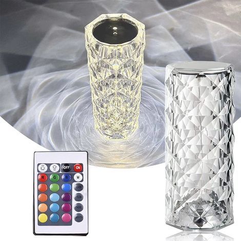 GENERIC-Lampe de table en cristal de diamant, lampe en cristal rose créative, lampe de table d'atmosphère à télécommande tactile multicolore, charge USB, pour chambre/bar/restaurant (16 couleurs) (1/5)