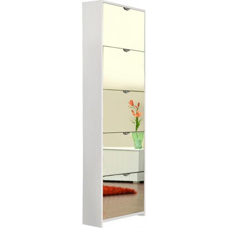 Meuble a chaussures - KOBLENZ - Blanc - 58 x 177 x 17 cm - 5 abattants - Facade miroir
