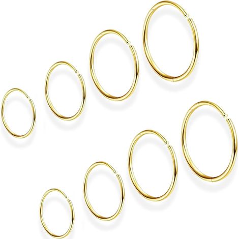 Anelli per piercing al naso, in oro o acciaio inossidabile, 8 pezzi, 4 misure: 6 mm, 8 mm, 10 mm, 12 mm, per donne e uomini, da utilizzare su naso, orecchio, labbro e setto nasale.