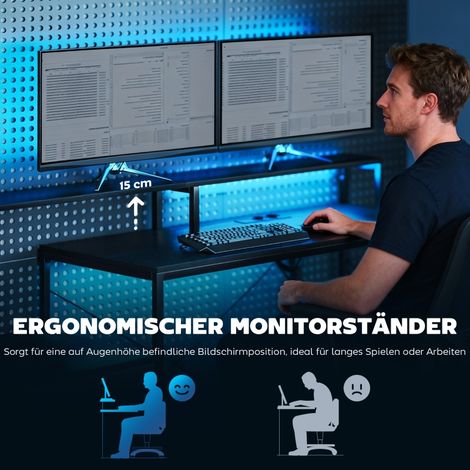 Bureau gaming en L avec LED et prises intégrées, support double écran, 165x80x91,5 cm, table noire effet bois (1/5)