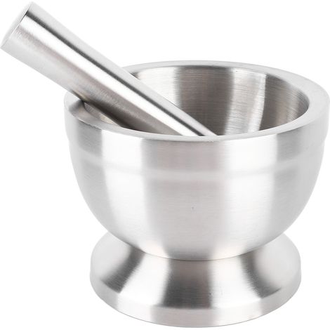 Mortier et pilon en acier inoxydable 18/8 avec couvercle en silicone antidérapant, qualité alimentaire, pour l'ail, les noix et les herbes. Grand couvercle en silicone. (1/5)