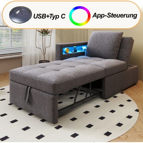 Canapé Lit Escamotable 3-en-1, Sofa Convertible en Lin avec Dossier Réglable, Accoudoirs à LED et Ports USB/Type-C, Banquette Lounge pour Petits Espaces (1/5)