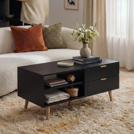 Tavolino da Salotto Nand con 2 Cassetti e 3 Scomparti Aperti 100 x 50 x 45 cm - Nero [en.casa] (1/5)