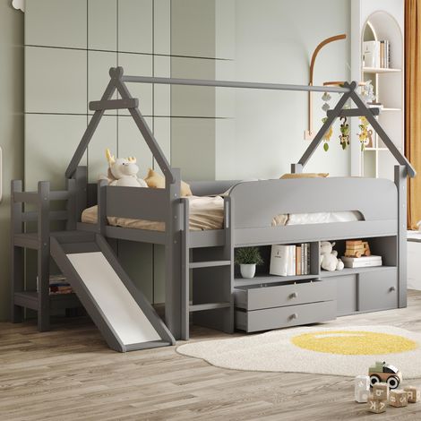 , Lit enfant 90x200cm,  structure en forme de toit,  avec toboggan de sécurité,  tiroirs et barrière de sécurité,  avec espace de jeu et rangements,  lit multifonctionnel,  lit en bois massif...
