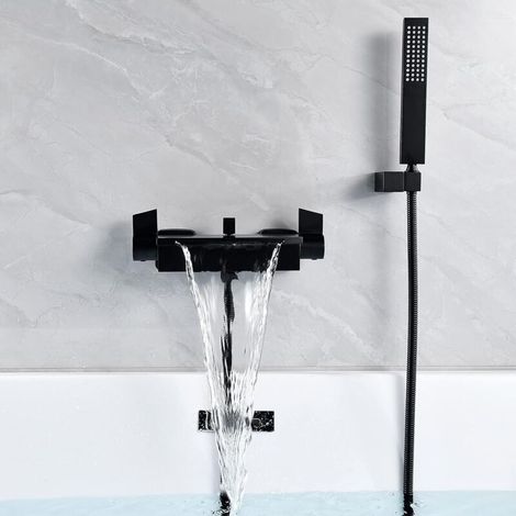 SJQKA Wall Mounted Waterfall Bathtub Faucet Wall Mounted Waterfall Shower Head Hot and Cold Bathtub Faucet (Black) (1/5)