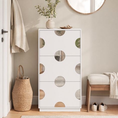 Scarpiera moderna bianca con 3 ribalte e specchio rotondo, 63 x 24 x 120 cm, in MDF (1/5)