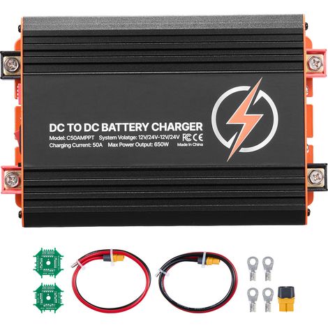 Mophorn Cargador de batería CC a CC con tecnología MPPT, 650 W, 50 A, entrada dual compatible con panel solar y alternador, baterías de plomo-ácido y LiFePO4, compatible con sistemas de 12 V/24 V (1/5)