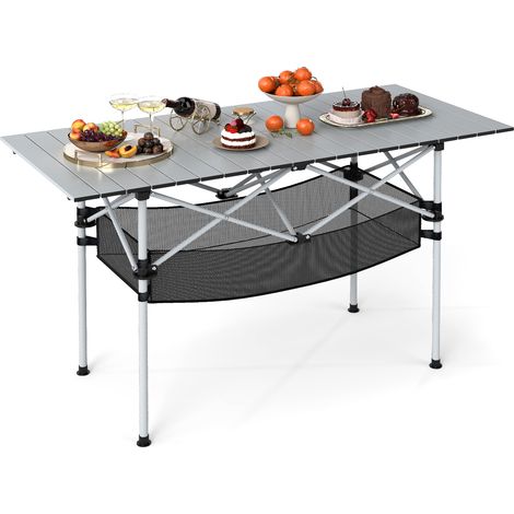 COSTWAY Patio Folding Camping Table Portable Picnic Table w/Mesh Basket-Silver (1/5)