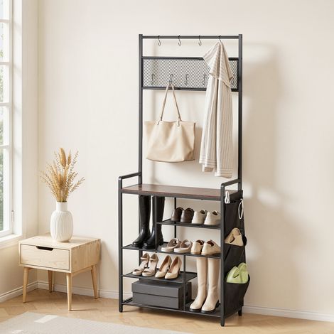 VEVOR Meuble deEntree 180 cm, Porte Manteaux avec Rangement pour Chaussures 5 Niveaux, pour Couloir Chambre Dressing, Vestiaire deEntree Autoportant en Acier, avec Pateres et Pochette Laterale (1/5)