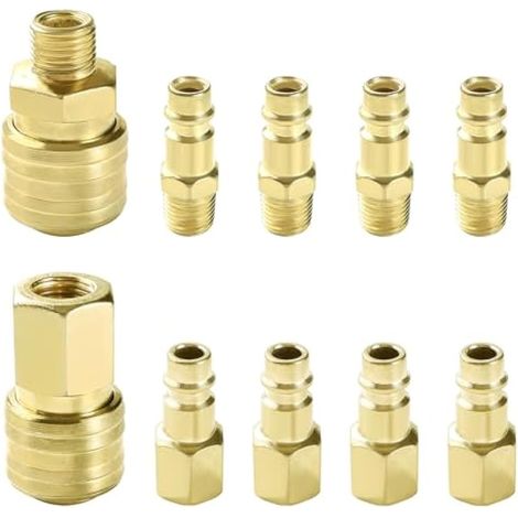 10 Pièces 1/4" BSP Coupleur Pneumatique d'air Kit, Raccord Rapide Pneumatique Européen, Compresseur Raccord d'Air, pour Tuyau Compresseur, Or