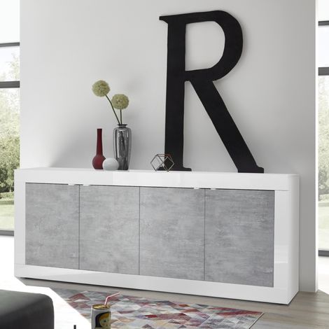 Buffet bas moderne 4 portes blanc et gris béton 210cm CALIA (1/4)