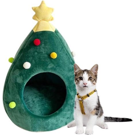 Cama navideña de invierno para gatos, Cama con forma de árbol de Navidad para gatos, Cama portátil de interior para gatos, 65 x 45 x 45 cm, Verde (1/5)