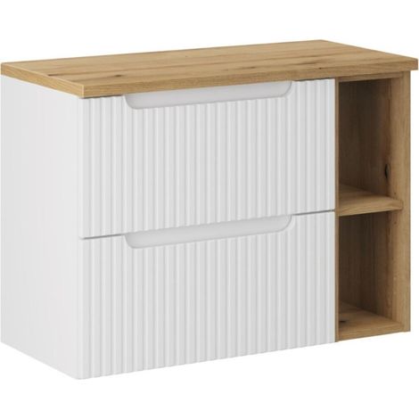 Set da bagno VANO bianco 80cm: mobile sottolavabo con cassetti e nicchie a vista + piano per lavabo effetto rovere c