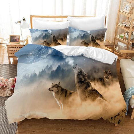 Bettwäsche Set 135x200 cm mit Wolfsmotiv, Mikrofaser, 3D-Druck