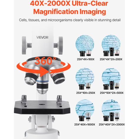 Microscope Monoculaire Professionnel, Kit de Microscope Composé avec Grossissement 40-2000X, Corps en Alliage d'Aluminium, Éclairag… (1/5)