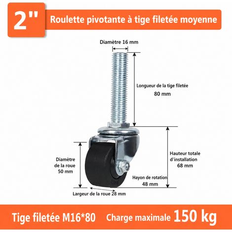 Roulette industrielle pivotante en nylon 2 pouces 50 mm tige filetée M1680 2 m16 80 150kg 2 kg – Livraison gratuite
