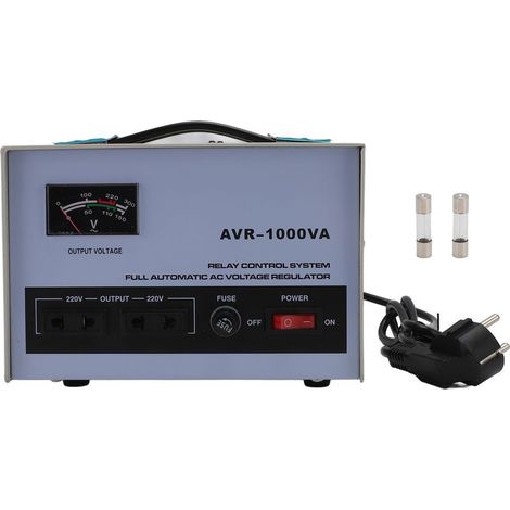 Regulador de voltaje CA de 1000 W con 1 entrada/salida, 3 enchufes universales, estabilizador automático con 2 fusibles. (1/5)