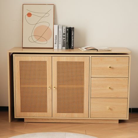 Bureau d'angle pivotant 360° avec rangements et portes effet rotin, MDF bois naturel OKMYHOME (1/5)