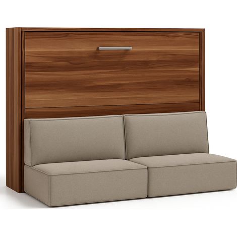 Lit escamotable horizontal avec banquette & coffres LOGIA Beige-120x200-Canapé Beige-Structure Noyer (1/5)