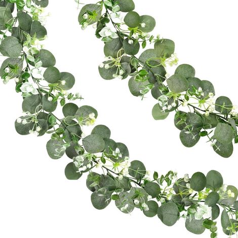 2x Künstliche Eukalyptus Girlande 1,8m mit Schleierkraut, Deko Ranke Grün Weiß (1/5)
