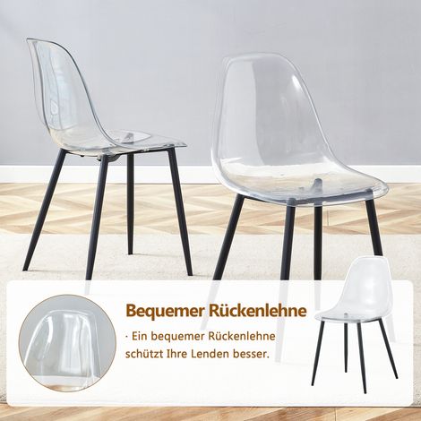 Table ronde en verre trempé 85 cm avec 4 chaises transparentes en plastique, ensemble moderne pour salle à manger, cuisine ou autre espace. (1/5)