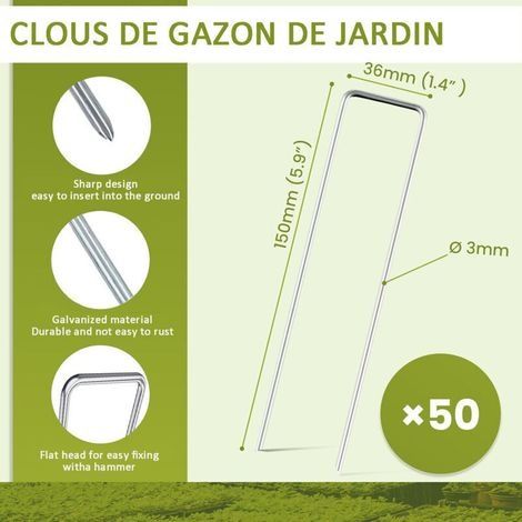 U-förmige Gartenpfähle aus verzinktem Stahl, 50 Stück, 150 mm, für Kunstrasen und Unkrautvlies (1/3)