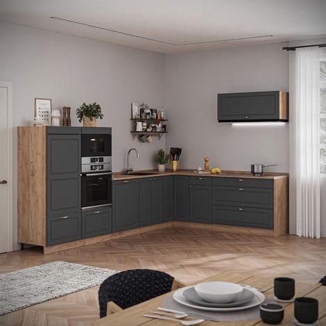 Eckküche Fame-Line, Anthrazit-Gold Landhaus/Goldkraft Eiche, 327 x 227 cm, AP Marmor, Vicco (1/5)