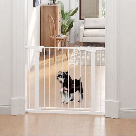 Barrière de sécurité réglable 75-96 cm en acier blanc, fermeture auto, pour escalier – MEUBLIV (1/5)