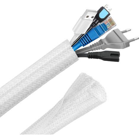 Manchon de Cache Câble Réglable, 3m Range Gaine Câble Tressé en PET, Protection Gestion des Câbles pour TV, PC, USB - Diamètre 12-20 mm, Blanc (1/5)