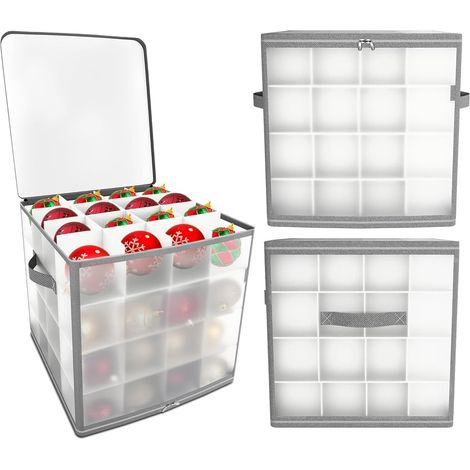 Faltbare, transparente Aufbewahrungsbox für Weihnachtskugeln mit 64 Fächern, rot oder grau (1/5)