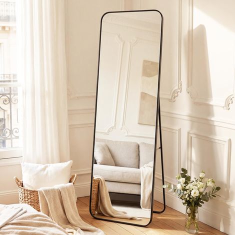 Miroir Intégral, 165 x 50 cm, Miroir Rectangulaire sur Pied, à Poser au Sol, Cadre en Alliage d’Aluminium, Verre Trempé, pour Chambre, Salon, Dressing, Noir d’Encre LFM030B01 (1/5)