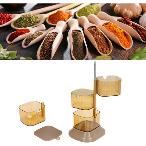Especiero giratorio de 4 niveles fabricado en plástico ABS para sal, azúcar y pimienta, con tapas y 4 cucharas. (1/5)