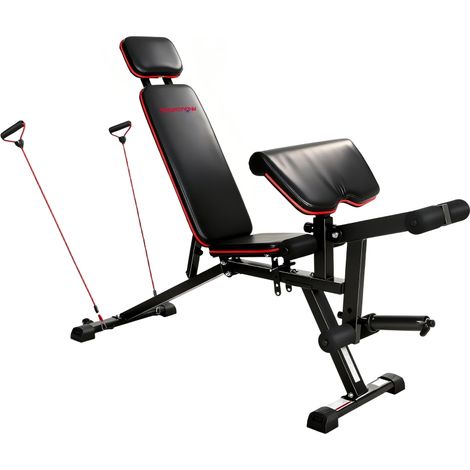 Hantelbank verstellbar bis 300 kg 3 in 1 Trainingsbank mit Rollen Beinstrecker Curlpult Kopfstütze Widerstandsbändern (1/5)