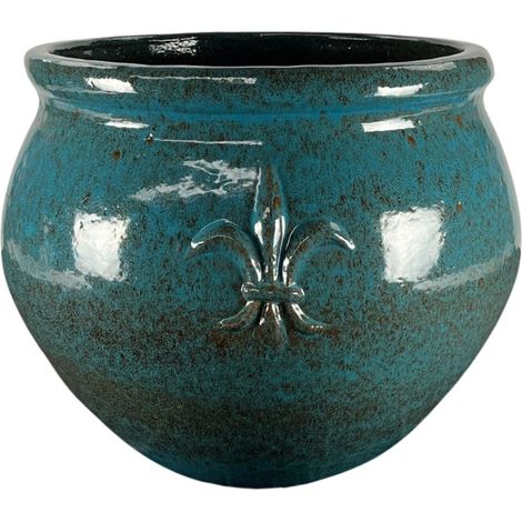 Pot grande taille d'extérieur CLOVIS 53x43cm bleu fer, fait main en terre cuite émaillée, résistant au gel (1/5)