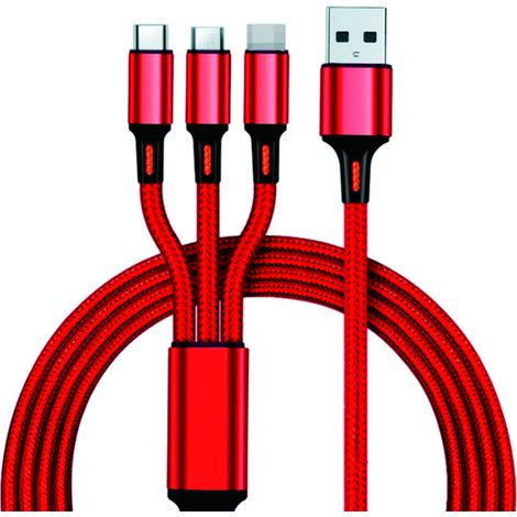 Cable de carga USB universal 3 en 1 de nailon trenzado, compatible con dispositivos iOS/Tipo-C/Micro USB, rojo.
